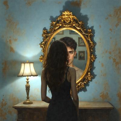 The primary subject of the image is a woman standing in front of a mirror. The setting is a room with a table and a lamp. The visual style is a painting, and the colors and mood are dark and moody.